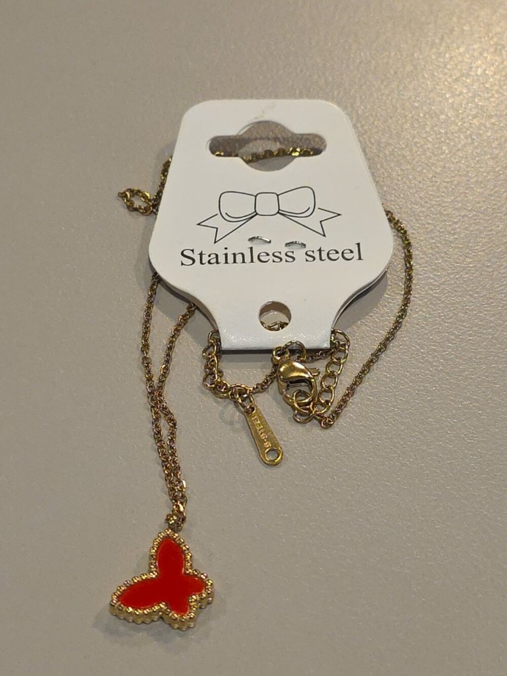 Women's Necklace Red Enamel Double Sided Butterfly Pendant Stainless Steel NEW